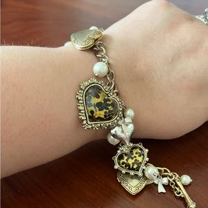 Betsy Johnson Gold Tone Bracelet Leopard Hearts Pearls Bows Lockets